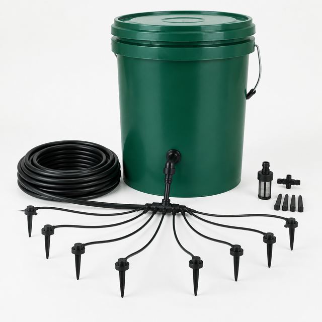 Gravity Drip Bucket Kit — Illustration · Not a supplier photo